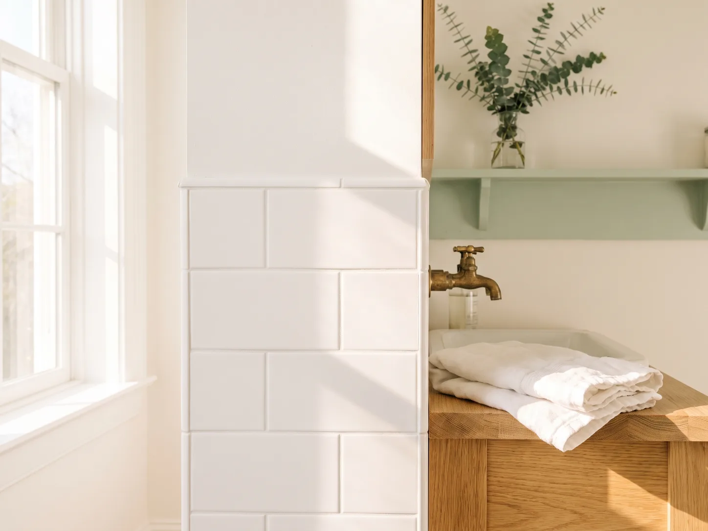 Crisp white tile grout in a bright, dry Charleston bathroom