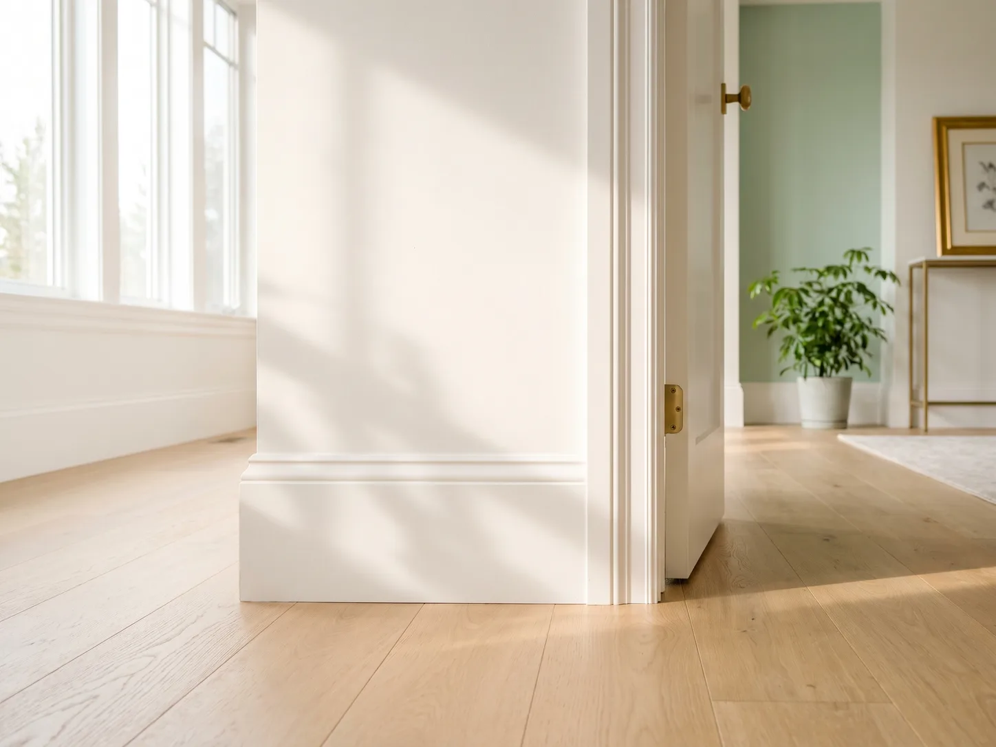 Clean baseboard and door frame meeting light oak flooring