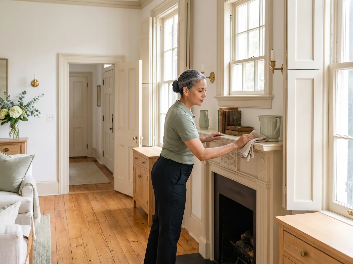 Cleaner dry-dusting a painted mantel in a sunlit historic Charleston room with heart pine floors