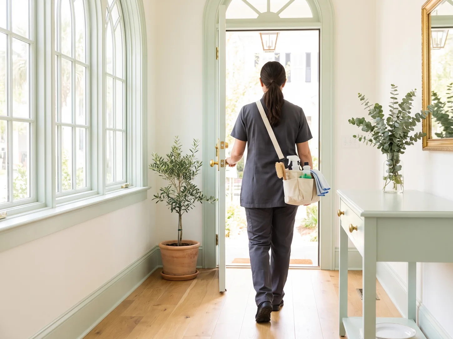 BeeLux cleaner carrying a supply caddy in the entry hall of a Charleston home