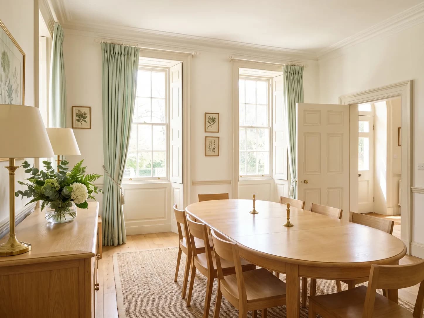 Sunlit Charleston dining room with a cleared oak table and fresh greenery on the sideboard