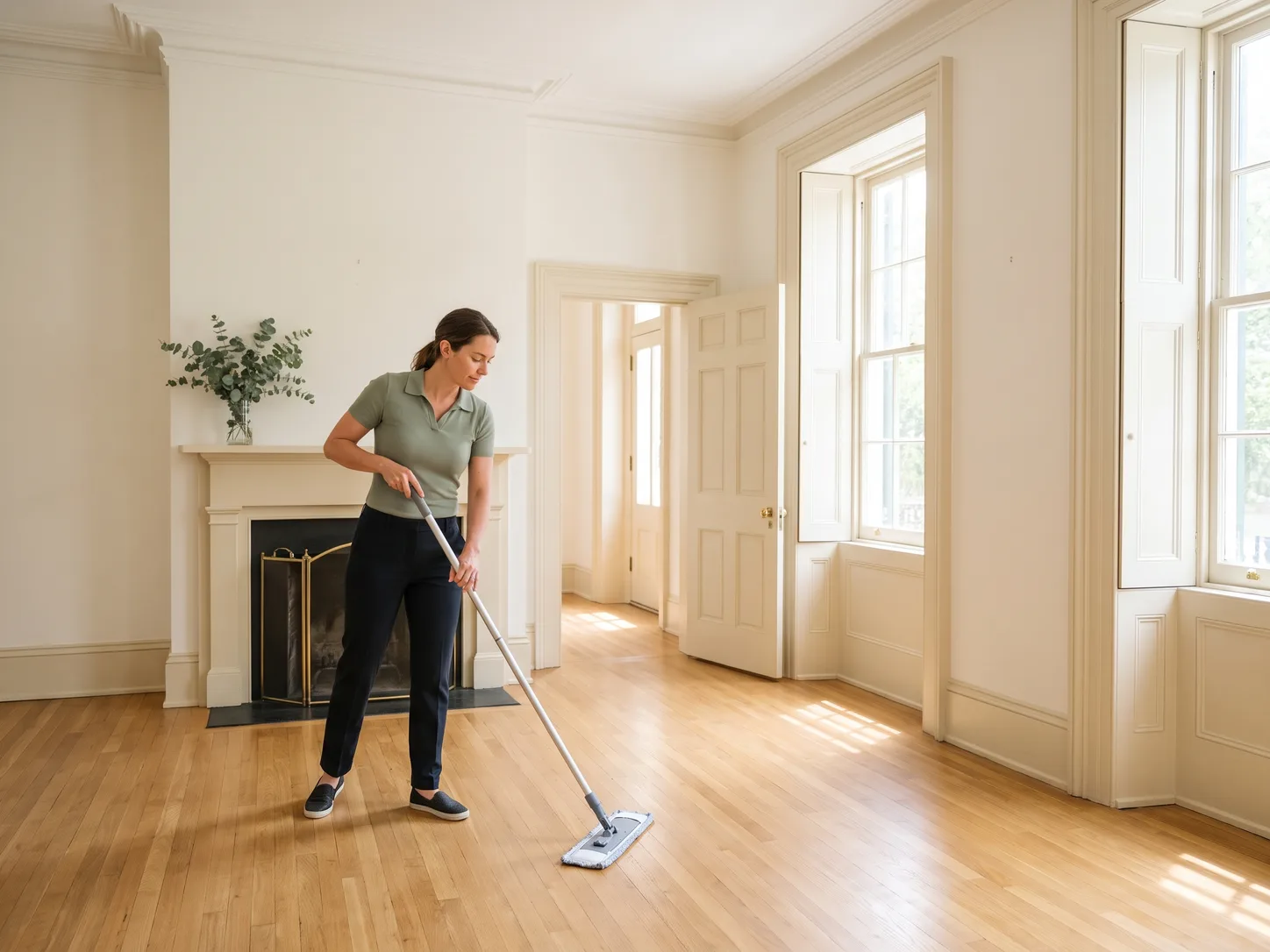 Cleaner kneeling to wipe the bare wooden shelves of an open closet in an empty sunlit room