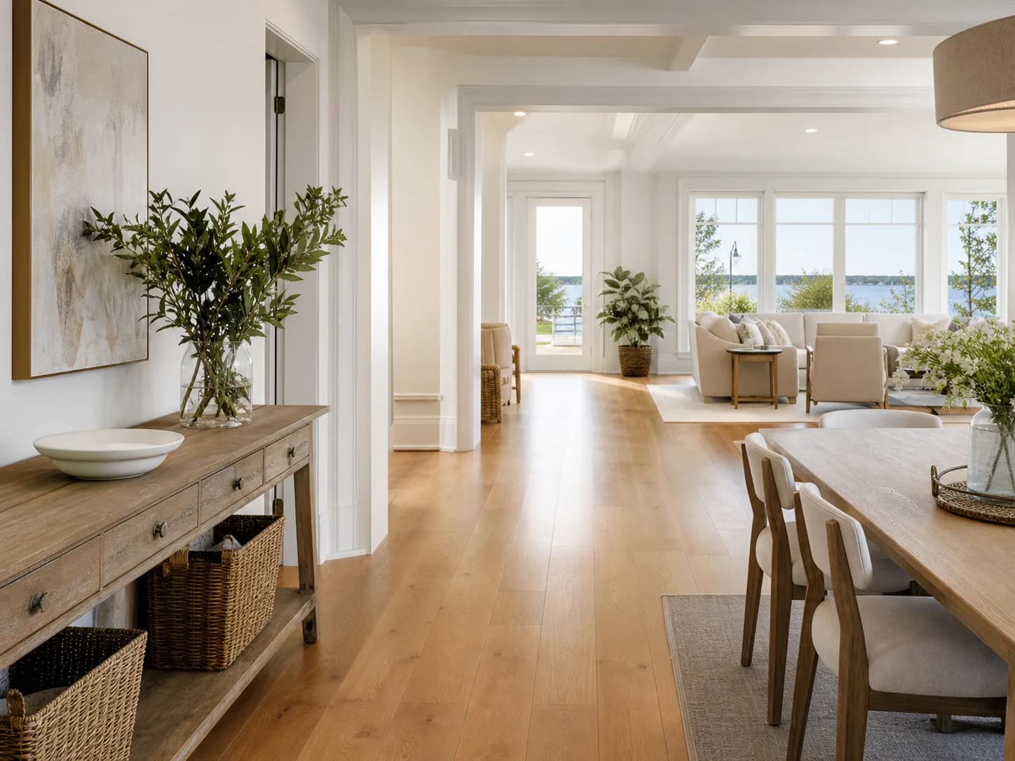 Bright open living area in a Daniel Island home with clean oak floors