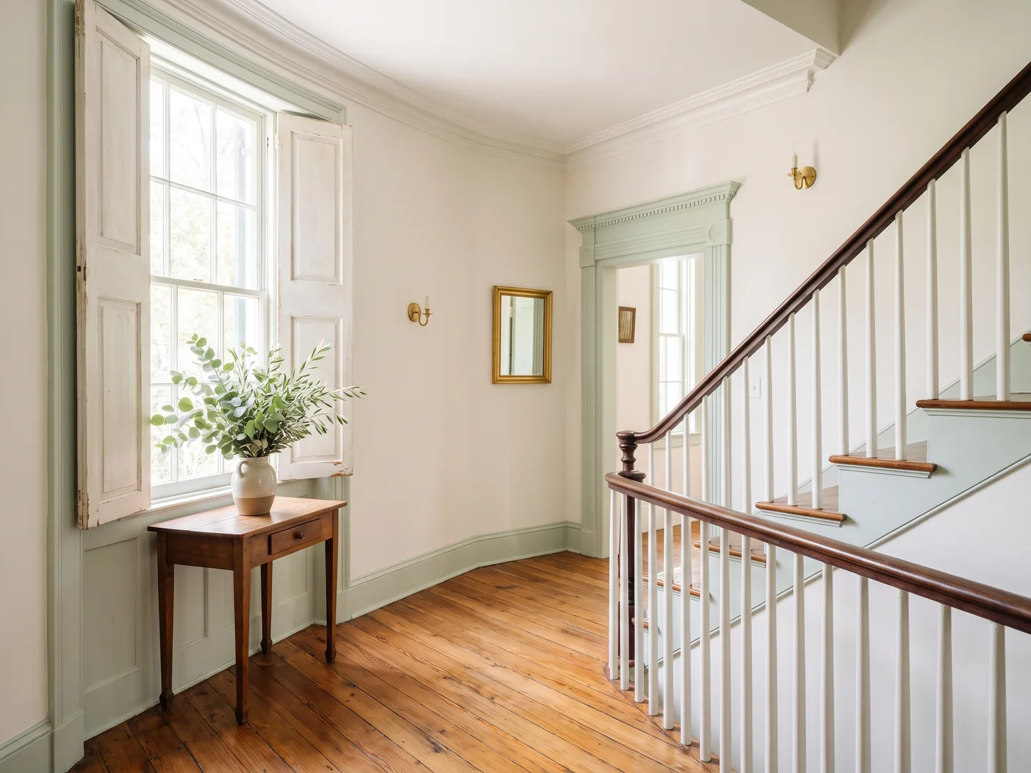 Entry hall of a historic Charleston single house with clean heart pine floors