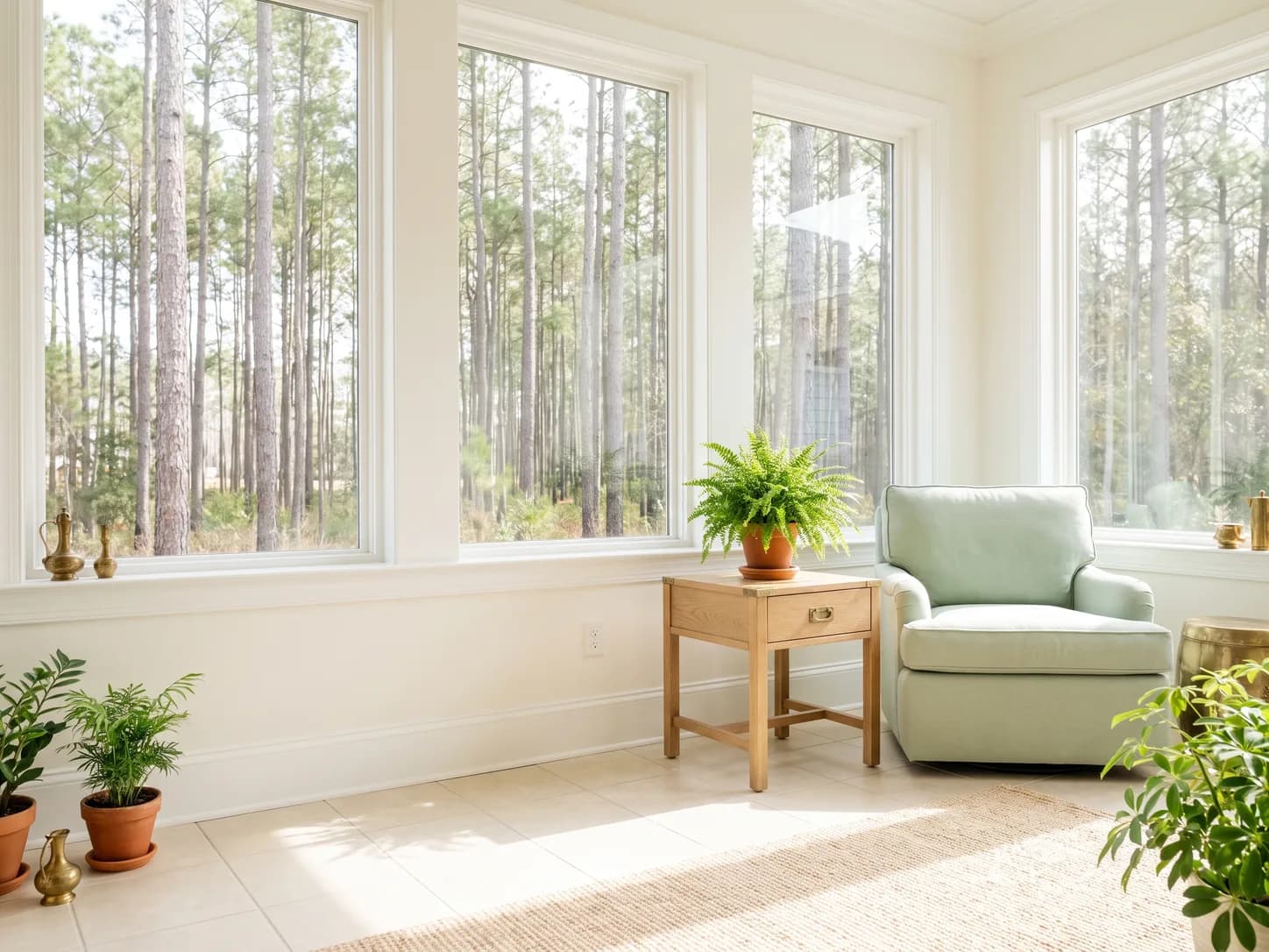 Clean sunroom in a Summerville home looking out onto tall pines